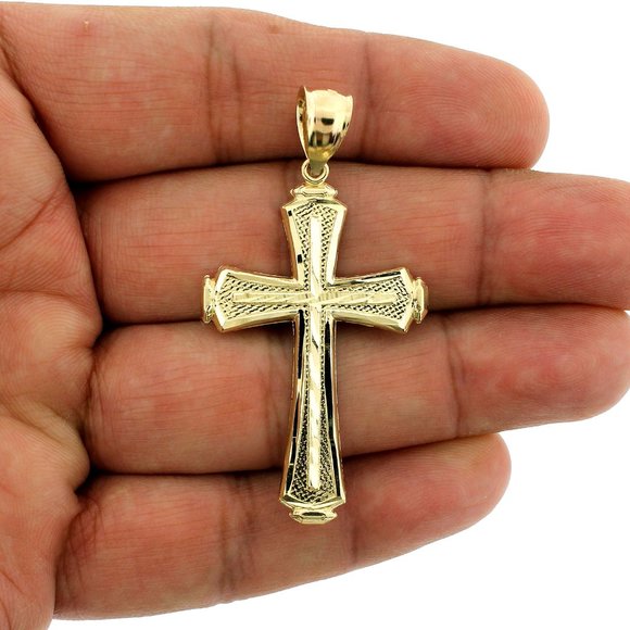 Real 10K Yellow Gold Large Diamond Cut Cross Pendant - Picture 2 of 8